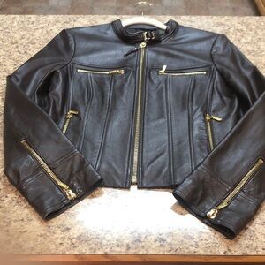 Bebe leather moto jacket in rich chocolate brown large gold zippers soft fitted